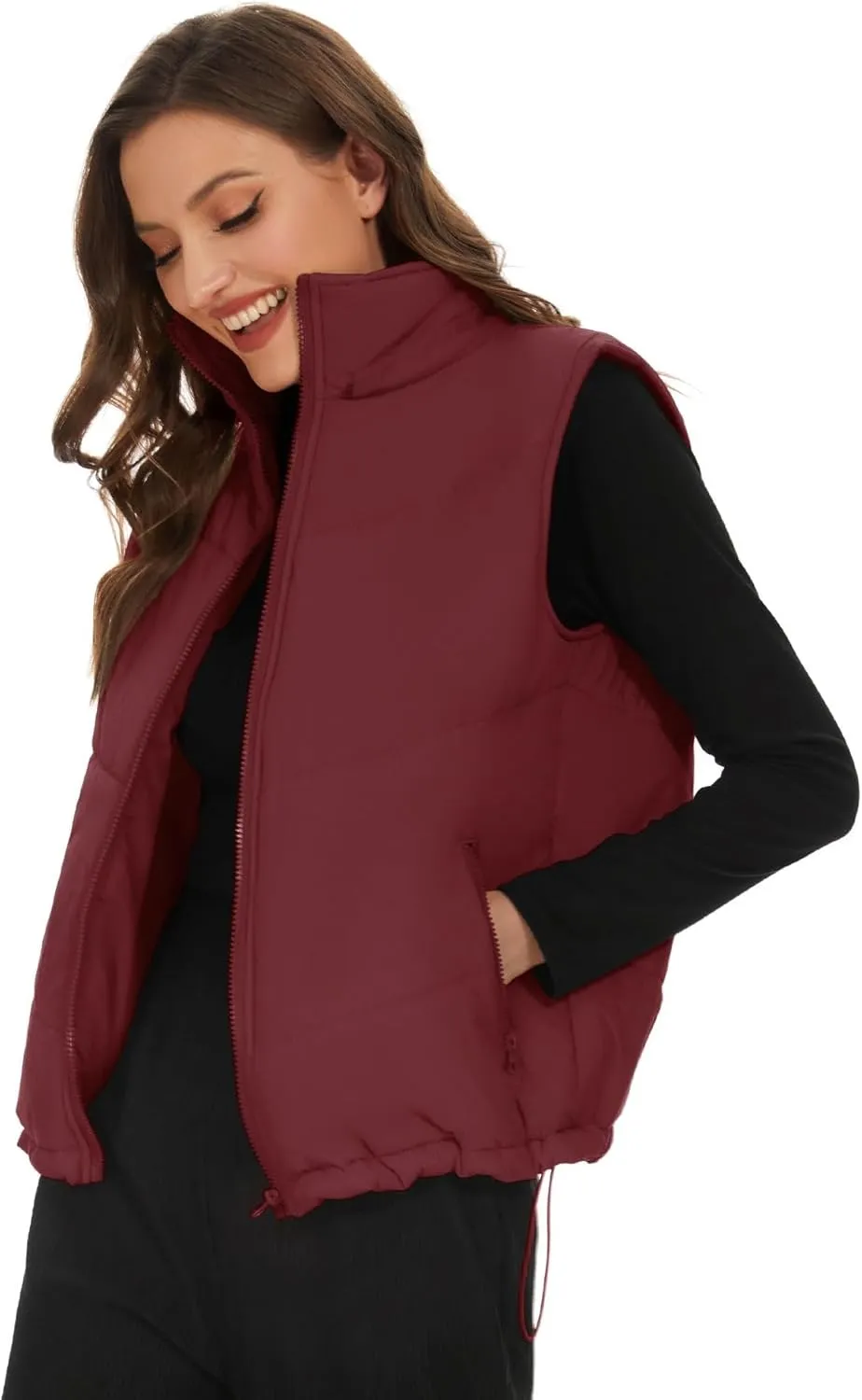 Micoson Puffer Vests for Women Winter Sleeveless Hooded Jacket Quilted Zip Up Stand Collar Gilet with Pocket Loose Fit