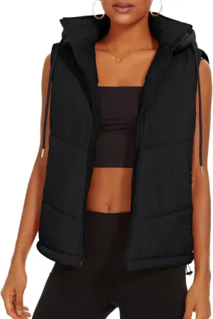 Micoson Puffer Vests for Women Winter Sleeveless Hooded Jacket Quilted Zip Up Stand Collar Gilet with Pocket Loose Fit