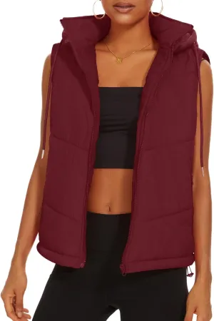 Micoson Puffer Vests for Women Winter Sleeveless Hooded Jacket Quilted Zip Up Stand Collar Gilet with Pocket Loose Fit