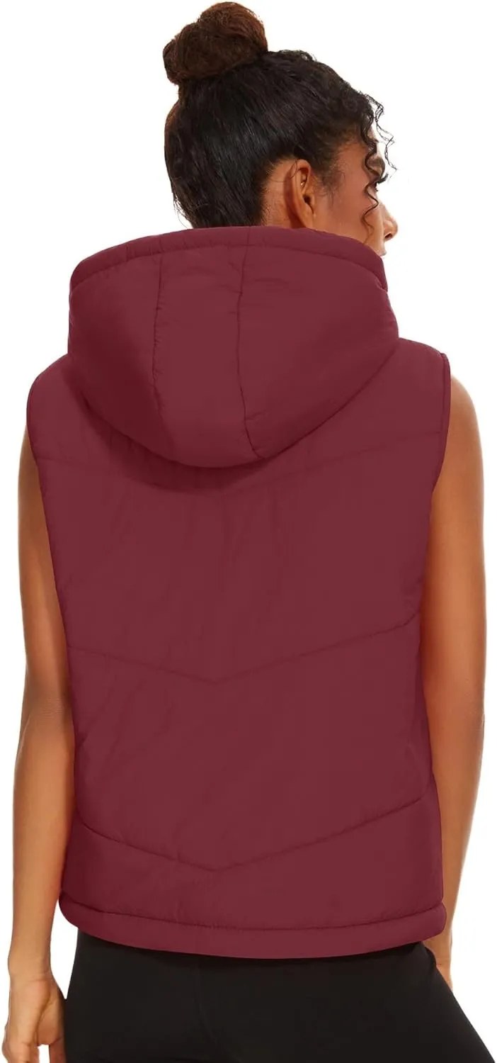 Micoson Puffer Vests for Women Winter Sleeveless Hooded Jacket Quilted Zip Up Stand Collar Gilet with Pocket Loose Fit