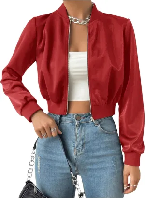 Milumia Women's Casual Long Sleeve Zip Up Crop Bomber Jacket Casual Outerwear