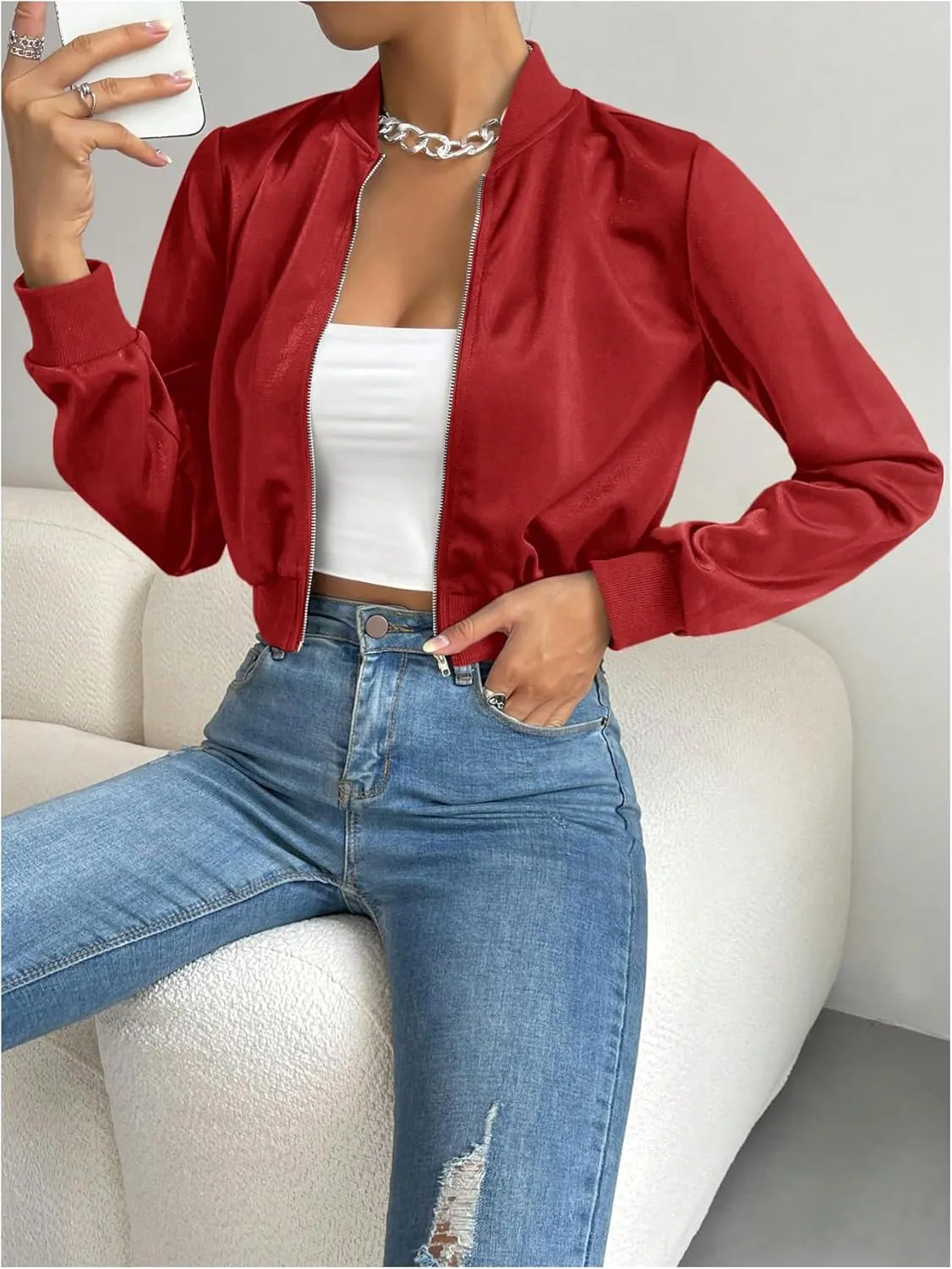 Milumia Women's Casual Long Sleeve Zip Up Crop Bomber Jacket Casual Outerwear