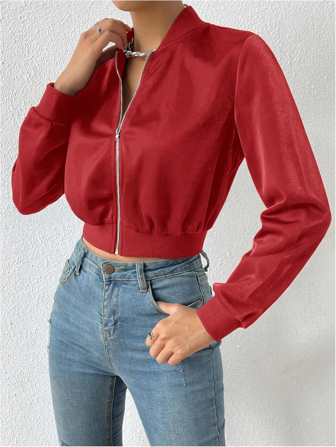 Milumia Women's Casual Long Sleeve Zip Up Crop Bomber Jacket Casual Outerwear