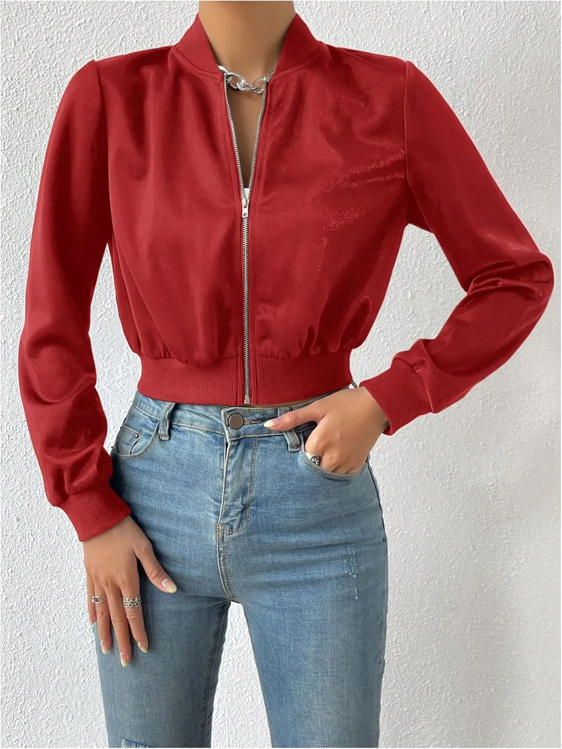 Milumia Women's Casual Long Sleeve Zip Up Crop Bomber Jacket Casual Outerwear