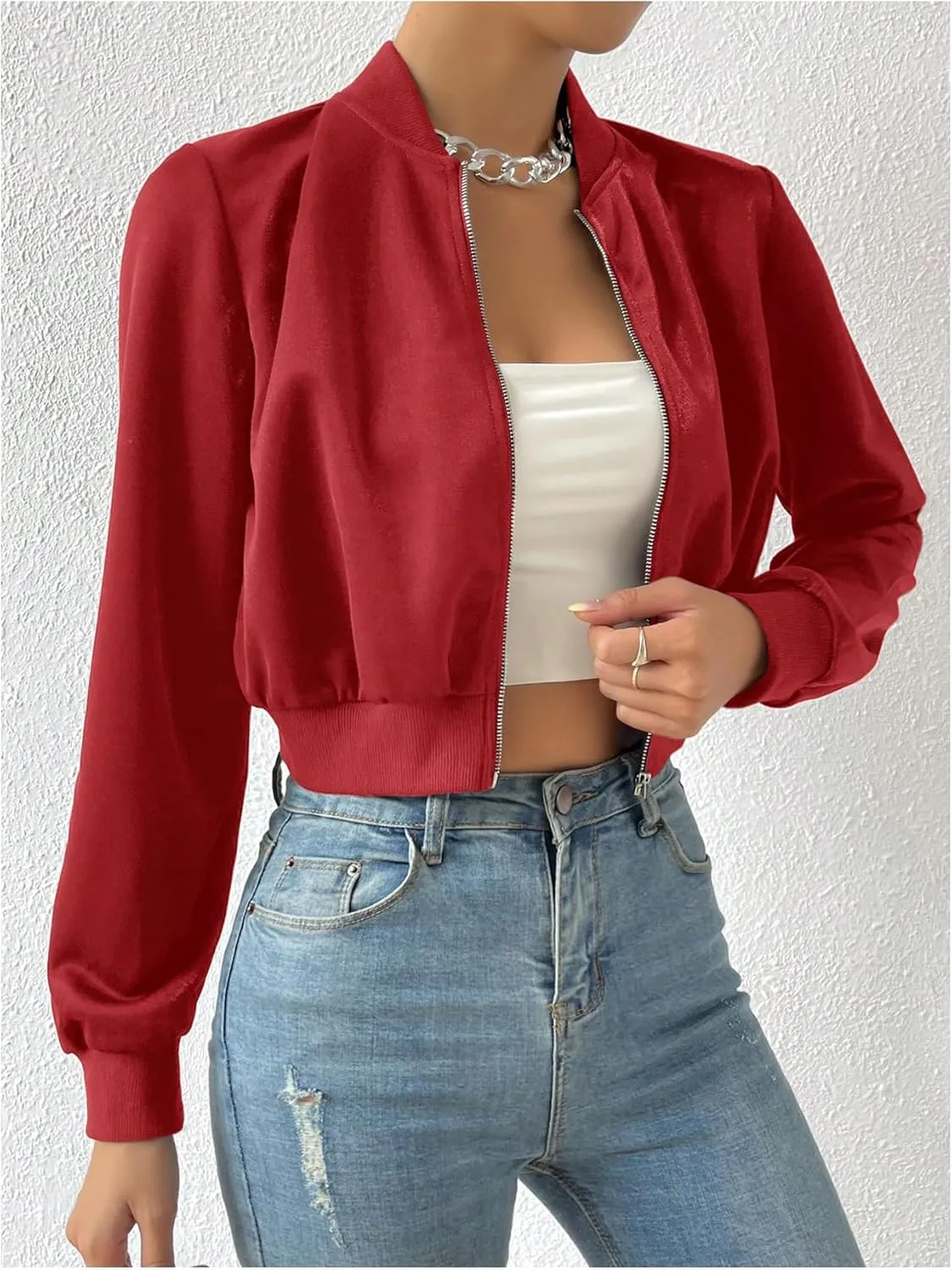 Milumia Women's Casual Long Sleeve Zip Up Crop Bomber Jacket Casual Outerwear