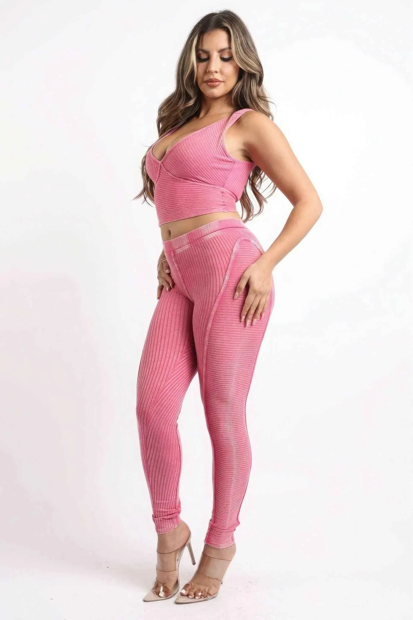 Mineral Washed Crop Top And Leggings Set