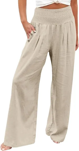 Miyaomn Casual Smocked Linen Palazzo Pants for Women Summer Boho Wide Leg High Waist Long Flowy Lounge Trousers with Pockets