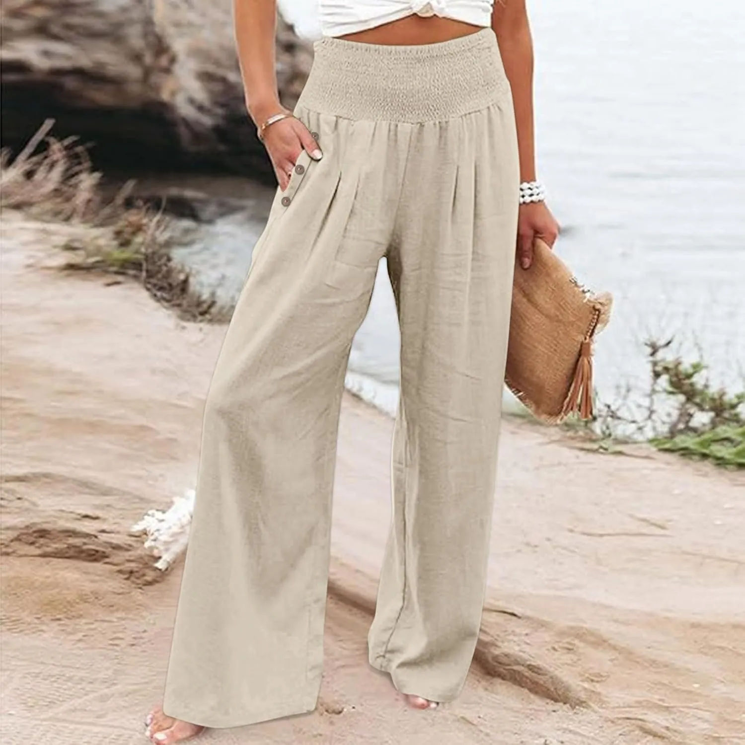 Miyaomn Casual Smocked Linen Palazzo Pants for Women Summer Boho Wide Leg High Waist Long Flowy Lounge Trousers with Pockets