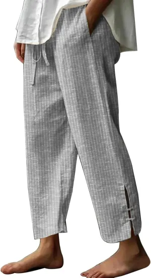 Miyaomn Women's Linen Capris Summer Casual Cropped Pants Straight Leg Lounge Trousers 2025 Travel Beach Outfits with Pockets