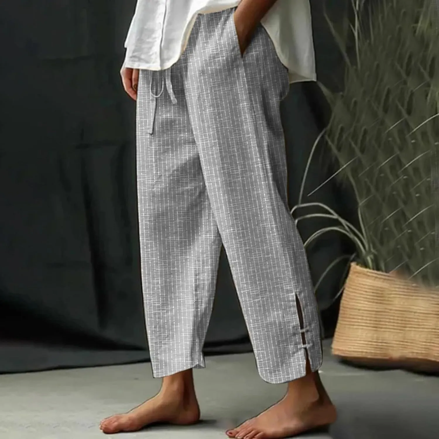 Miyaomn Women's Linen Capris Summer Casual Cropped Pants Straight Leg Lounge Trousers 2025 Travel Beach Outfits with Pockets