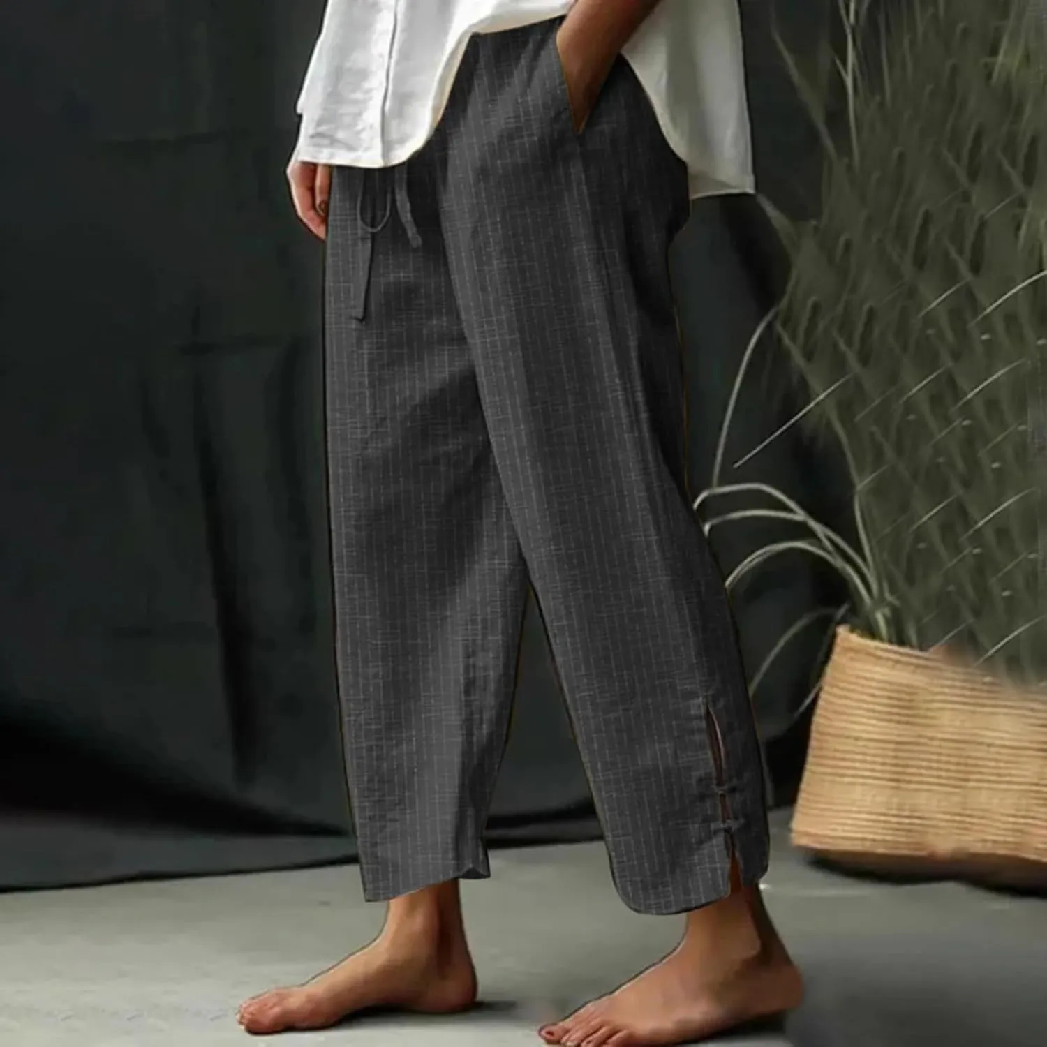 Miyaomn Women's Linen Capris Summer Casual Cropped Pants Straight Leg Lounge Trousers 2025 Travel Beach Outfits with Pockets