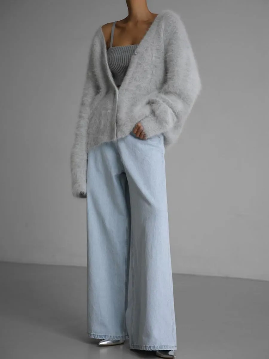 MOLERFO Women's Furry Knit Cardigan Batwing Sleeves Open Front V-Neck Button Down Loose Casual Fuzzy Sweater Coat