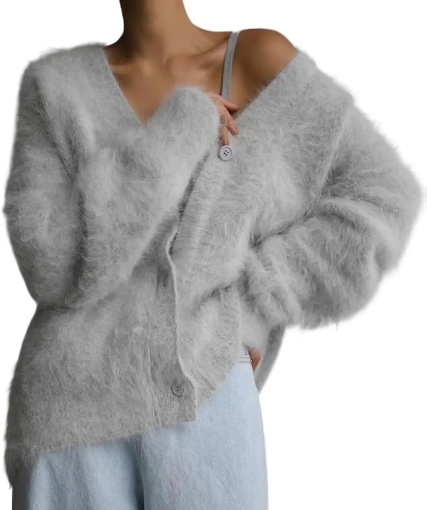 MOLERFO Women's Furry Knit Cardigan Batwing Sleeves Open Front V-Neck Button Down Loose Casual Fuzzy Sweater Coat