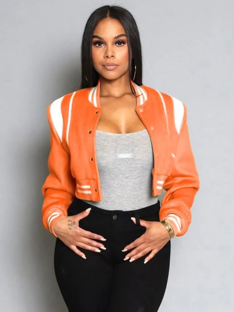 Molilove Varsity Jacket Cropped Baseball Bomber Jacket Vintage Sweatshirt Fall Casual Unisex Streetwear Coats Varsity Jacket