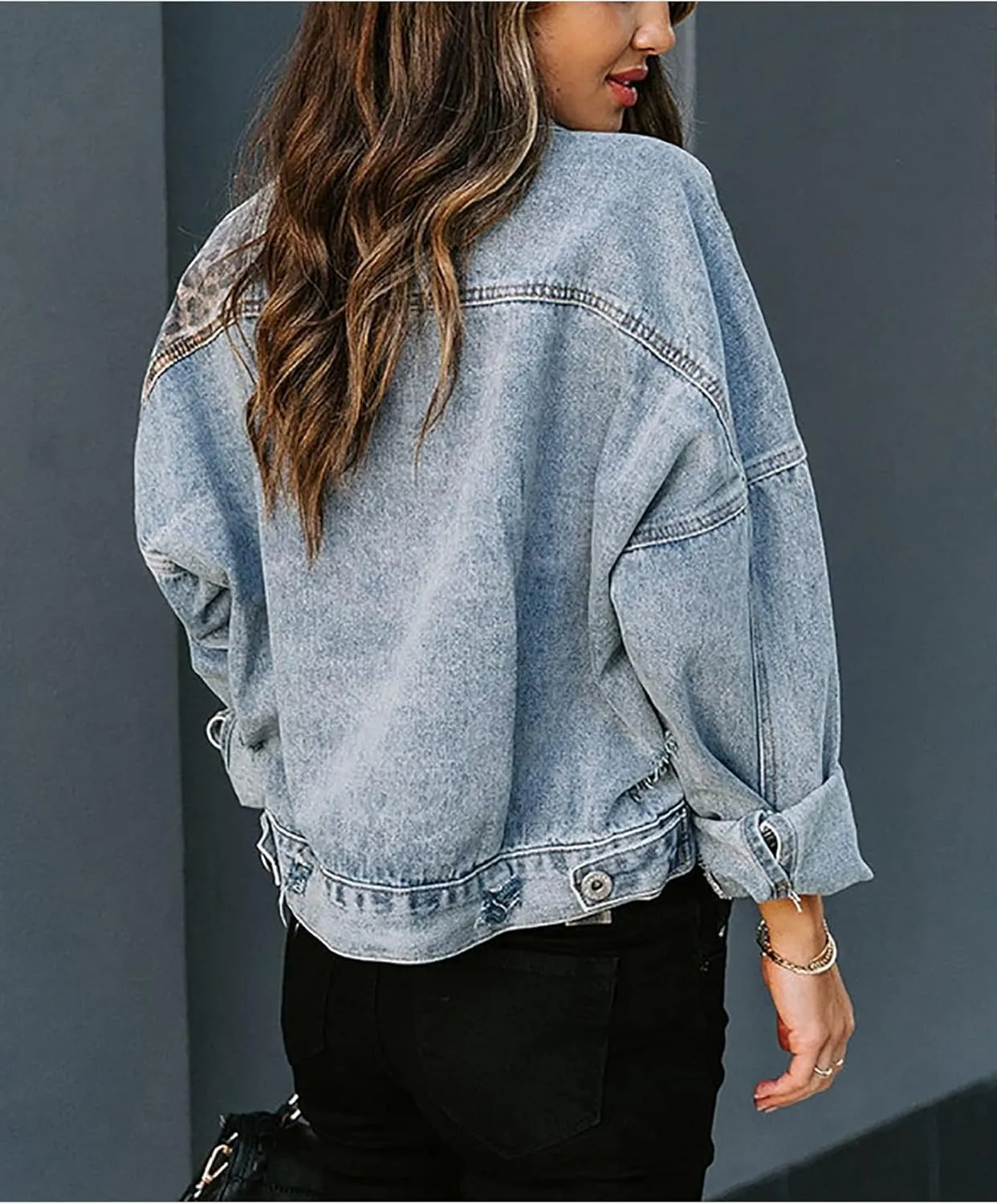 Moonetto Women's Distressed Leopard Print Patchwork Long Sleeve Button Down Denim Jacket Jeans Outerwear