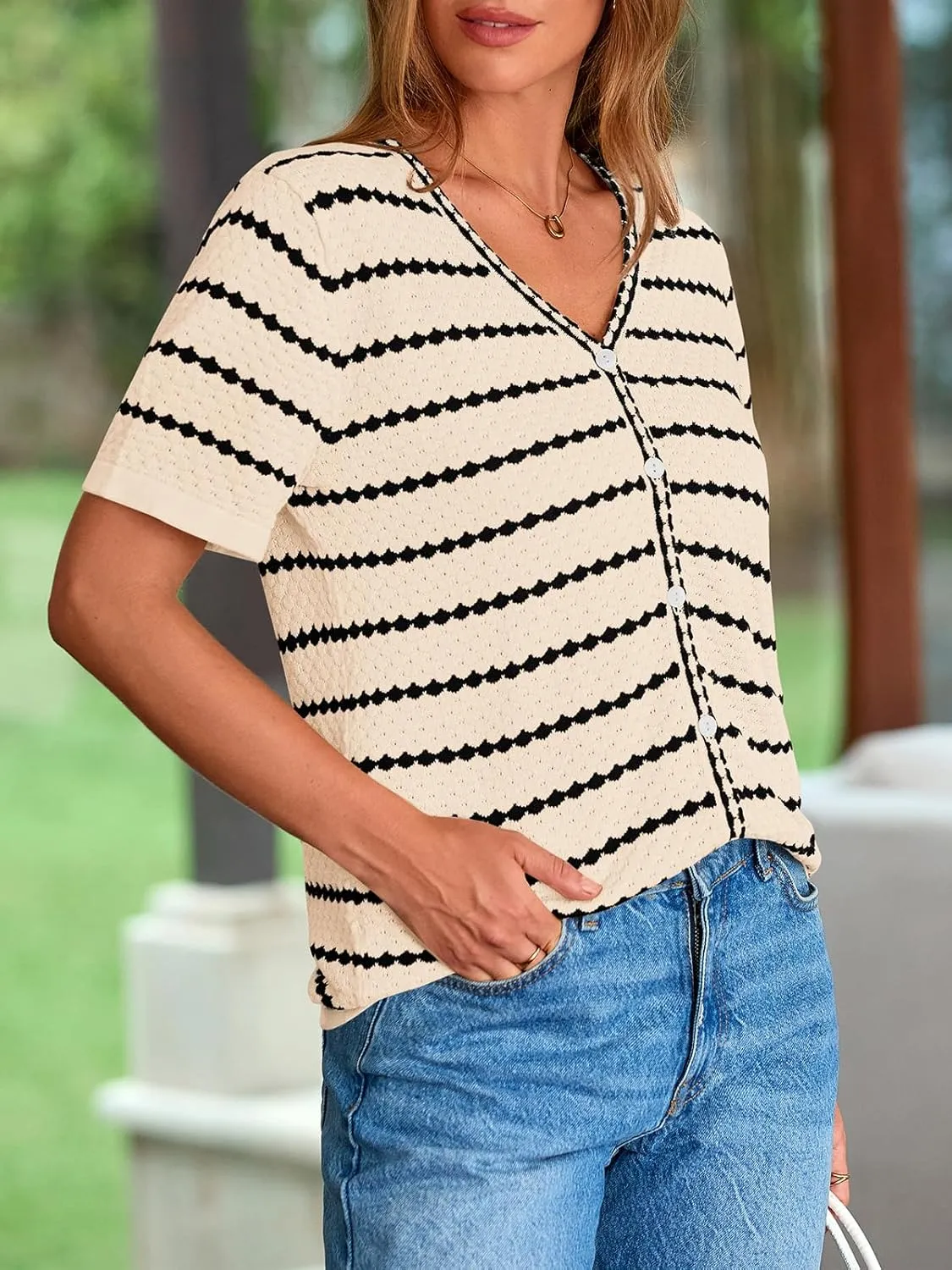 NALANISA Women's Short Sleeve Sweater Spring Summer Crochet Knit Tops 2025 V Neck Striped Button Down Dressy Casual Blouses