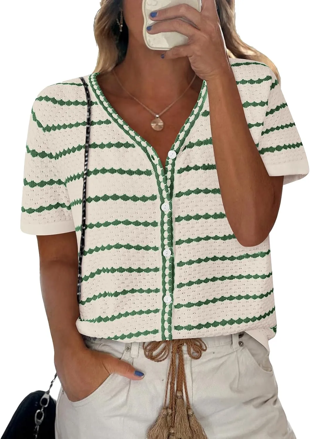 NALANISA Women's Short Sleeve Sweater Spring Summer Crochet Knit Tops 2025 V Neck Striped Button Down Dressy Casual Blouses