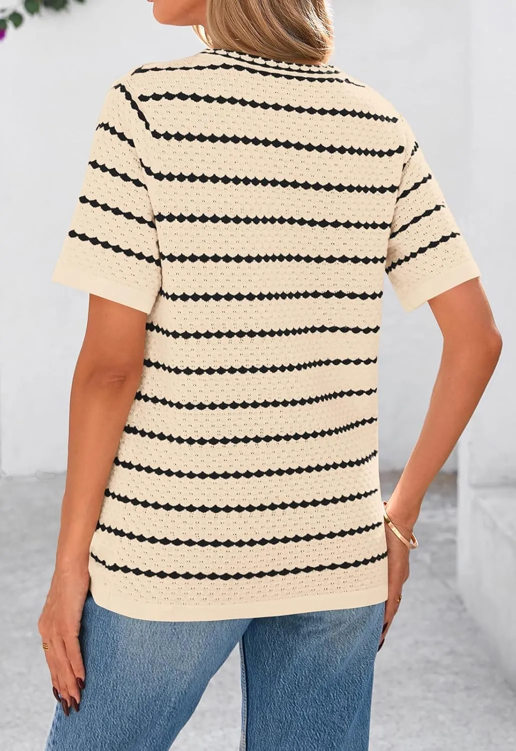 NALANISA Women's Short Sleeve Sweater Spring Summer Crochet Knit Tops 2025 V Neck Striped Button Down Dressy Casual Blouses