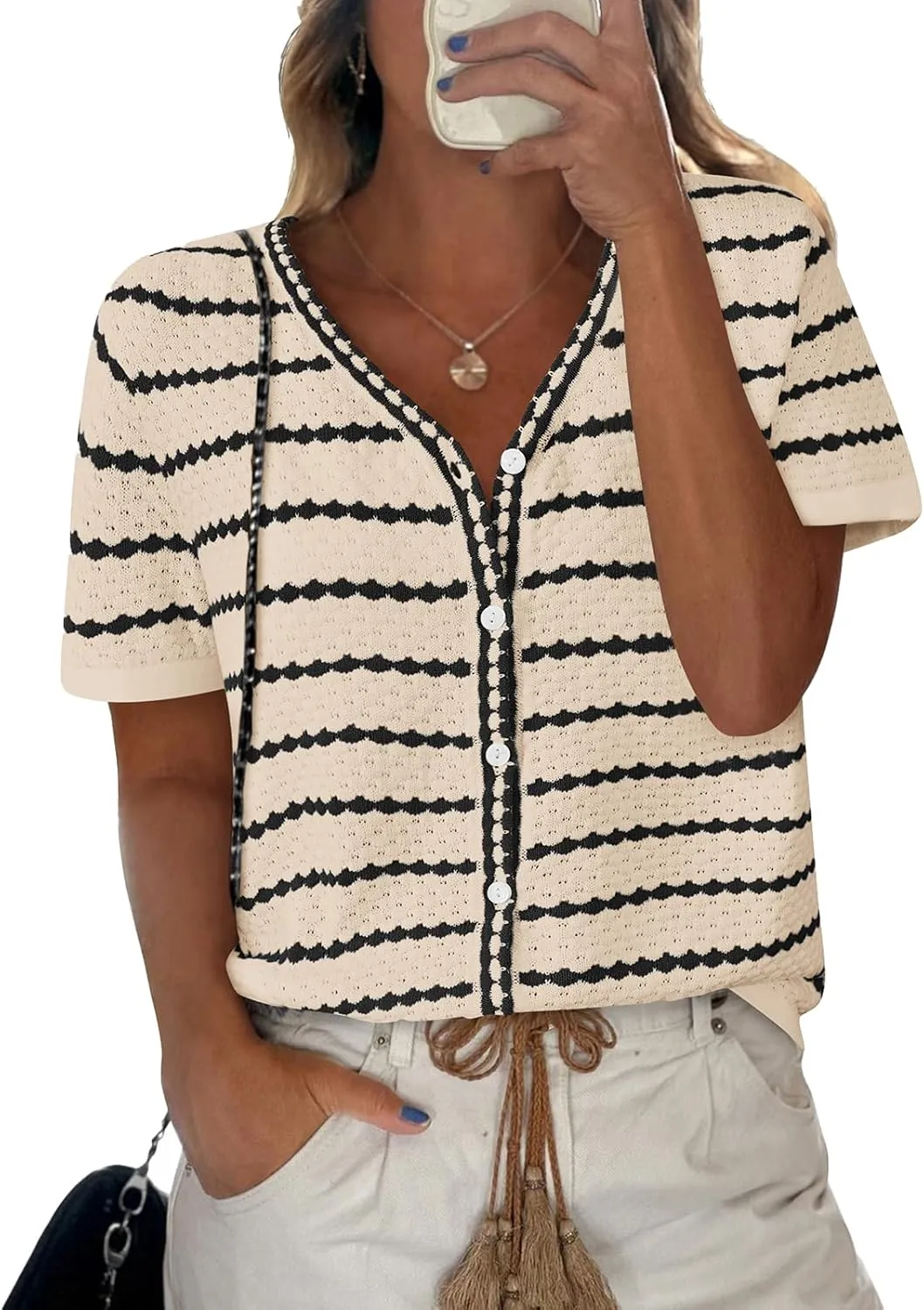 NALANISA Women's Short Sleeve Sweater Spring Summer Crochet Knit Tops 2025 V Neck Striped Button Down Dressy Casual Blouses