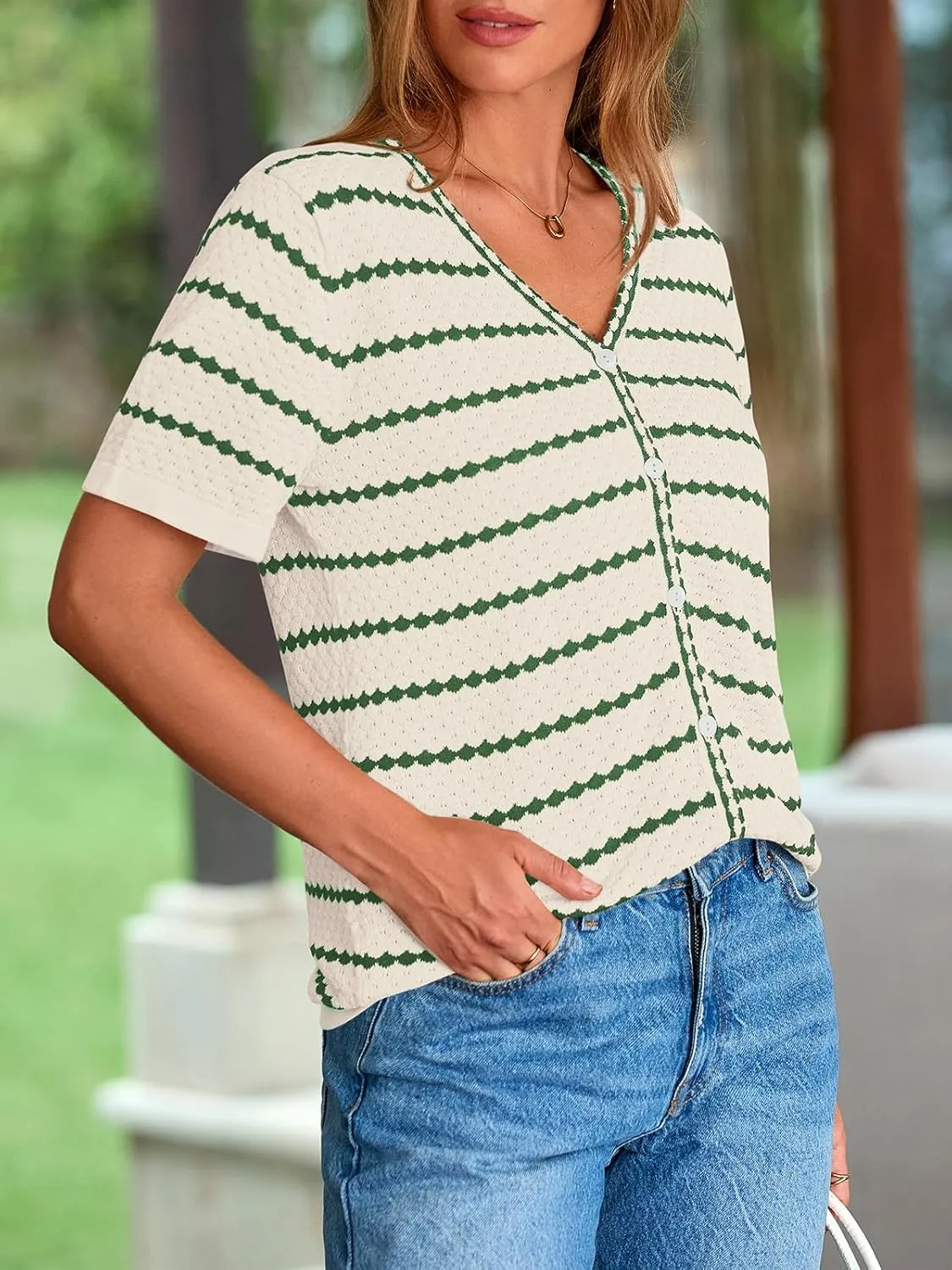 NALANISA Women's Short Sleeve Sweater Spring Summer Crochet Knit Tops 2025 V Neck Striped Button Down Dressy Casual Blouses