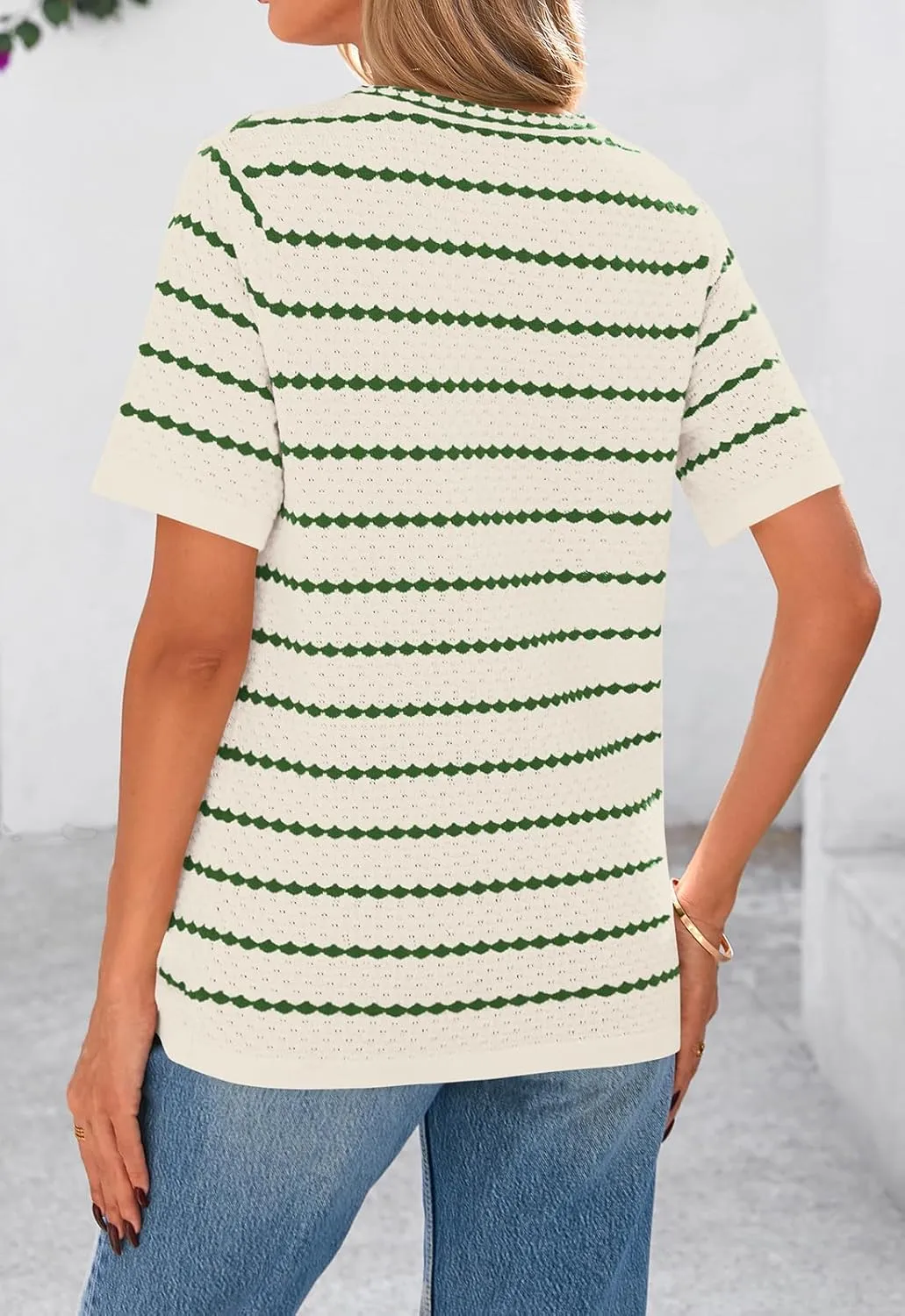 NALANISA Women's Short Sleeve Sweater Spring Summer Crochet Knit Tops 2025 V Neck Striped Button Down Dressy Casual Blouses