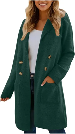 NATHGAM Women's Wool Blend Pea Coats Winter Bussiness Dressy Long Overcoat Single Breasted Fuzzy Fleece Lapel Trench Jackets