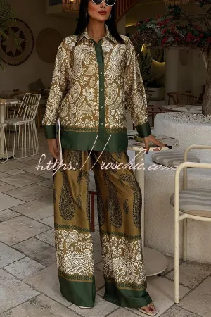 Naya Satin Contrast Color Paisley Long Sleeve Shirt and Elastic Waist Pocketed Pants Set