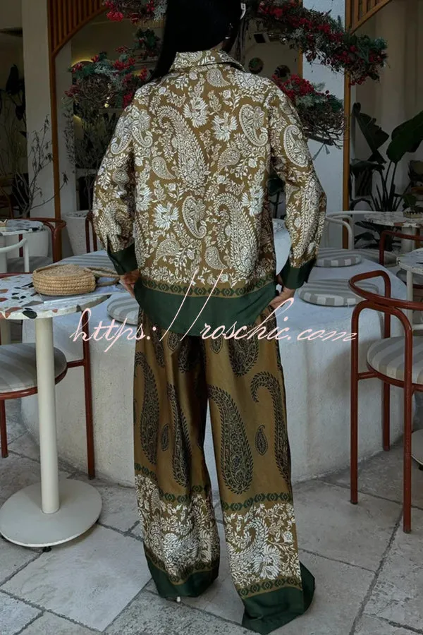 Naya Satin Contrast Color Paisley Long Sleeve Shirt and Elastic Waist Pocketed Pants Set