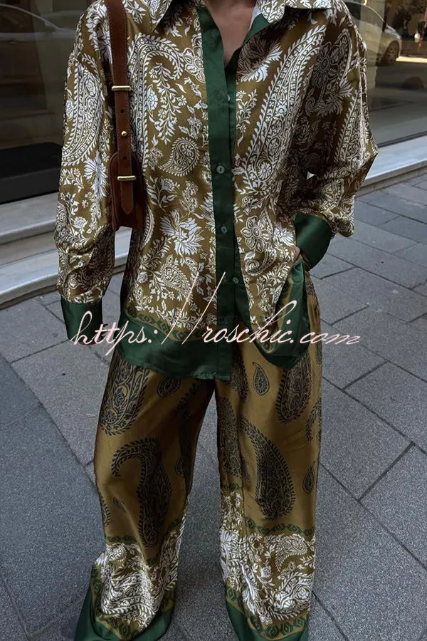 Naya Satin Contrast Color Paisley Long Sleeve Shirt and Elastic Waist Pocketed Pants Set