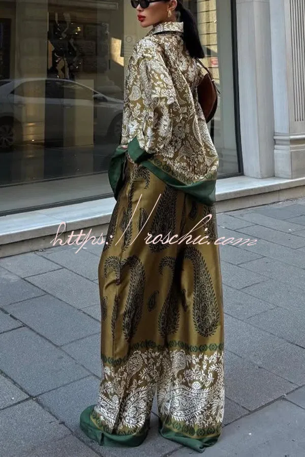Naya Satin Contrast Color Paisley Long Sleeve Shirt and Elastic Waist Pocketed Pants Set