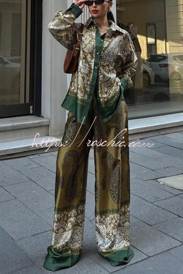 Naya Satin Contrast Color Paisley Long Sleeve Shirt and Elastic Waist Pocketed Pants Set