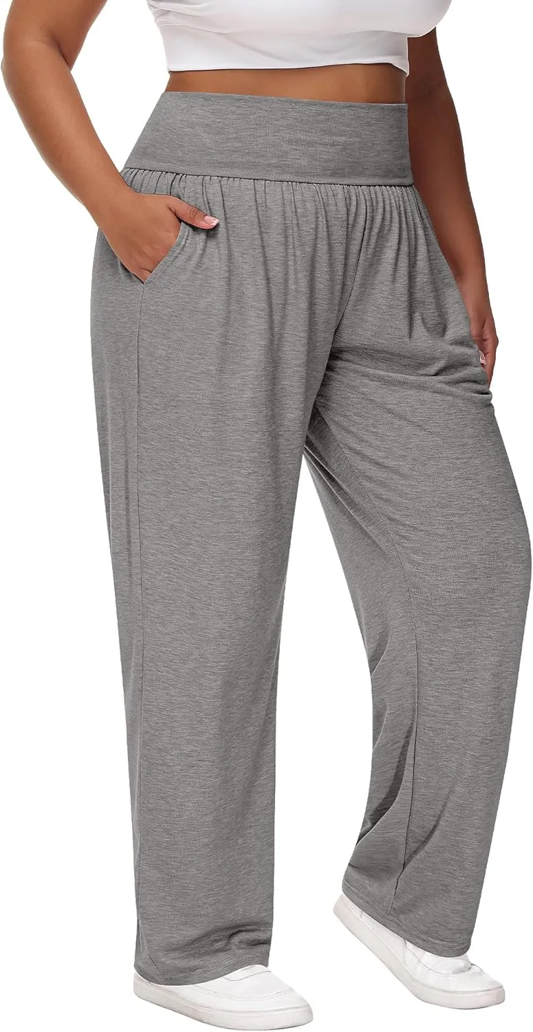 Neer 3 Pack Women Plus Size Wide Leg Yoga Pants High Waist Sweatpants Plus Size Palazzo Pants Lounge with Pockets