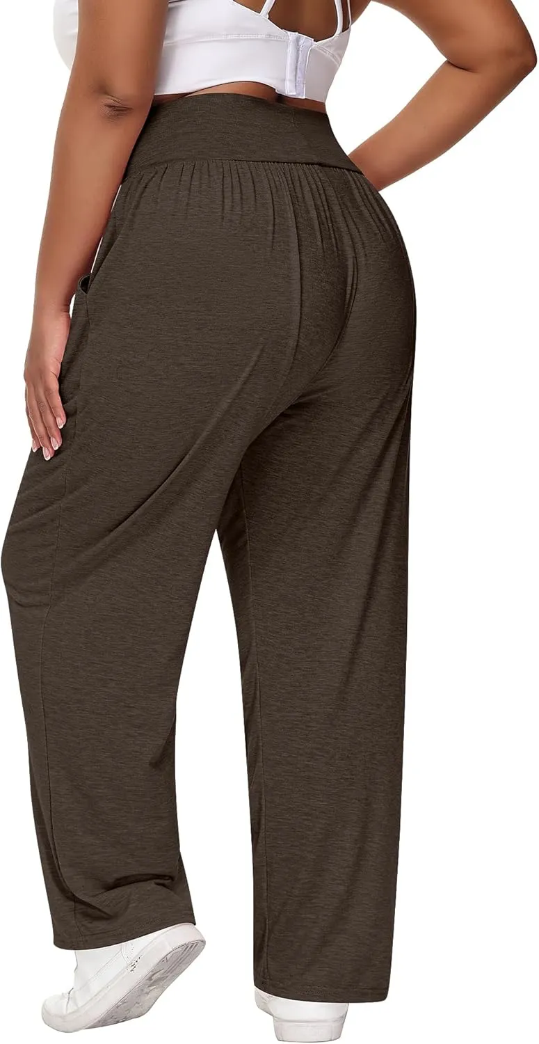 Neer 3 Pack Women Plus Size Wide Leg Yoga Pants High Waist Sweatpants Plus Size Palazzo Pants Lounge with Pockets