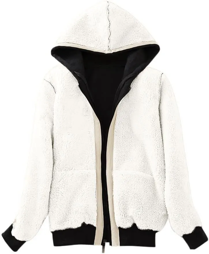 nerohusy Women's Warm Sherpa Fleece Hoodies for Women Winter Fleece Sweatshirt Full Zip Up Jacket Thick Sherpa Lined Coat