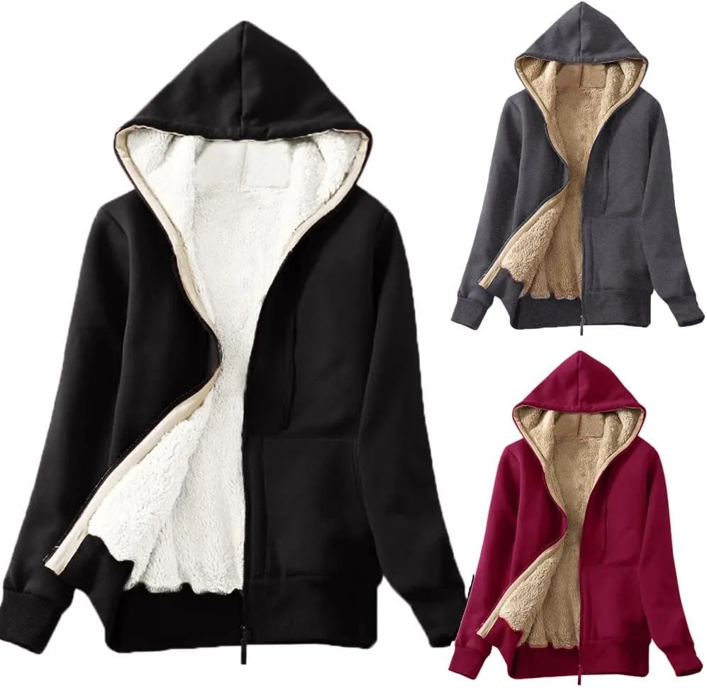 nerohusy Women's Warm Sherpa Fleece Hoodies for Women Winter Fleece Sweatshirt Full Zip Up Jacket Thick Sherpa Lined Coat