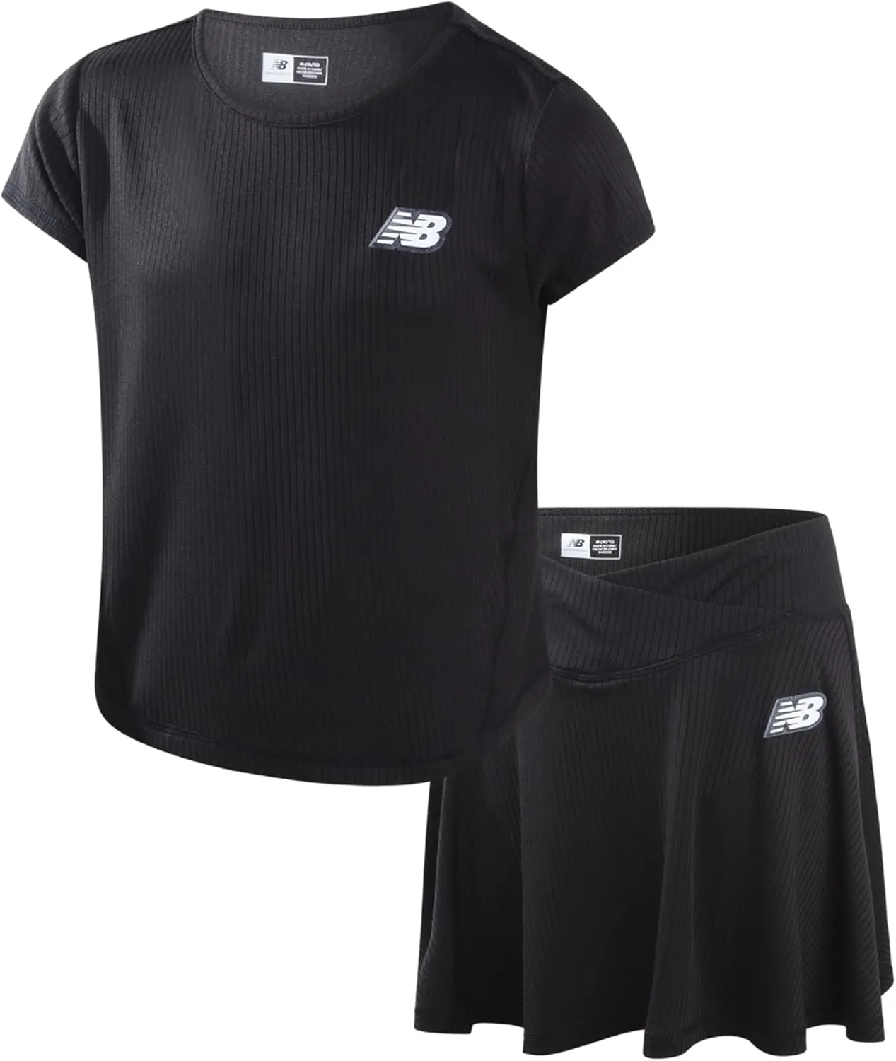 New Balance Girls' Active Skirt Set - 2 Piece Performance Short Sleeve T-Shirt and Athletic Skort for Girls (Sizes: 7-12), Size 7-8, Black