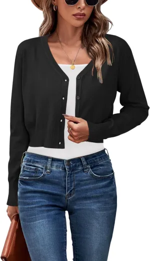 Newshows Womens 2025 Summer Cropped Cardigan Fashion Knit Bolero Shrug Long Sleeve V Neck Business Casual Sweater