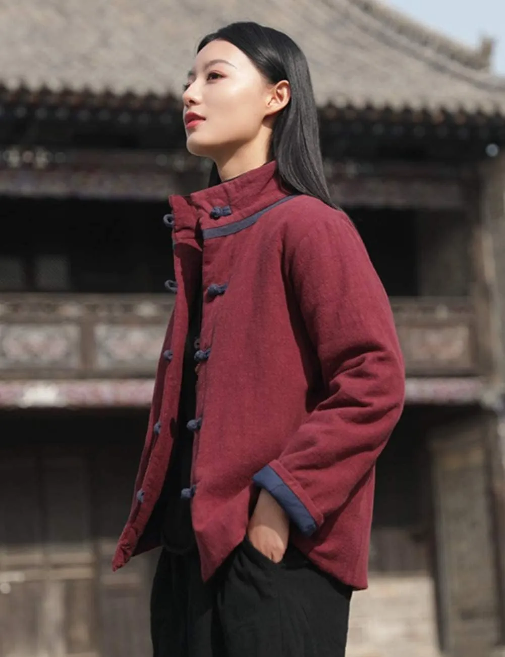 NFYM Women's Quilted Lightweight Short Jacket Stand Collar Outerwear Cotton Linen Padded Chinese Style Tang Suit