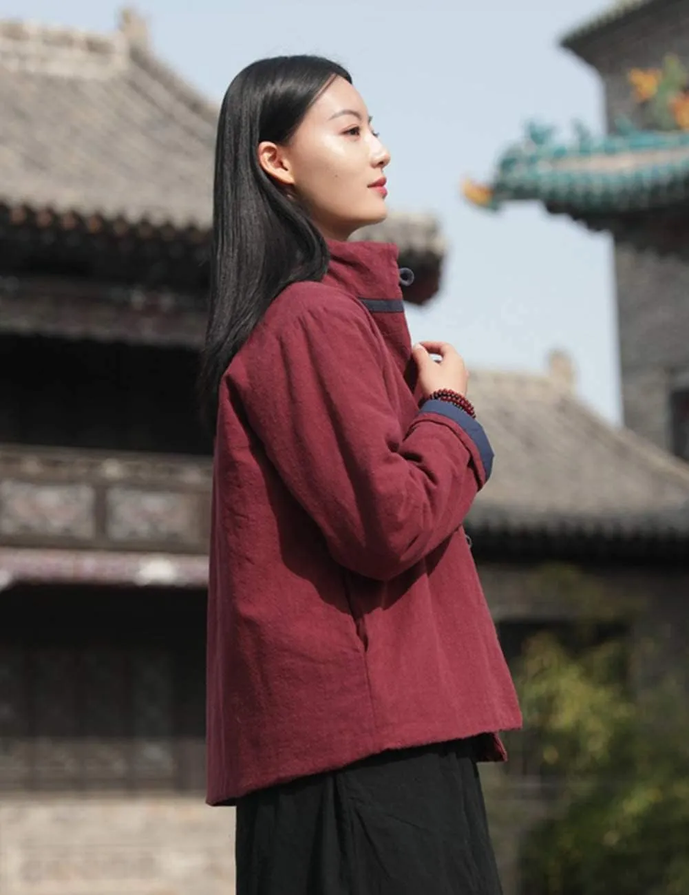 NFYM Women's Quilted Lightweight Short Jacket Stand Collar Outerwear Cotton Linen Padded Chinese Style Tang Suit
