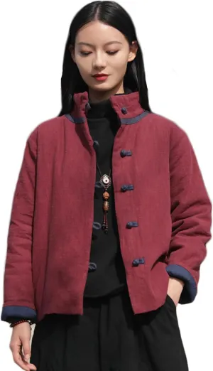 NFYM Women's Quilted Lightweight Short Jacket Stand Collar Outerwear Cotton Linen Padded Chinese Style Tang Suit