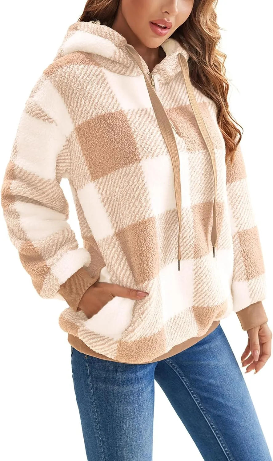 Nirovien Womens Sherpa Pullover Oversized Fuzzy Hoodie Double Fleece Sweatshirts Fluffy Plaid Outerwear Warm Coats