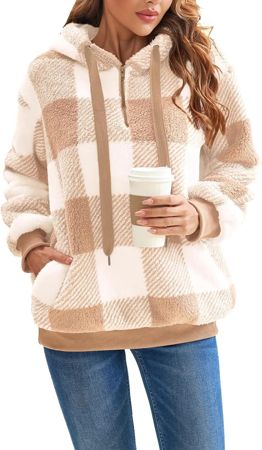 Nirovien Womens Sherpa Pullover Oversized Fuzzy Hoodie Double Fleece Sweatshirts Fluffy Plaid Outerwear Warm Coats