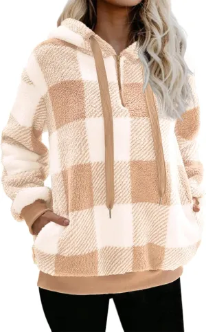 Nirovien Womens Sherpa Pullover Oversized Fuzzy Hoodie Double Fleece Sweatshirts Fluffy Plaid Outerwear Warm Coats