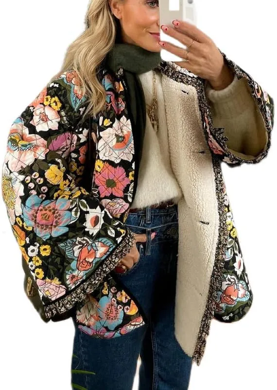 NUFIWI Women Floral Print Cropped Quilted Jacket Cardigan Vintage Open Front Padded Puffler Coat Lightweight Casual Outwear