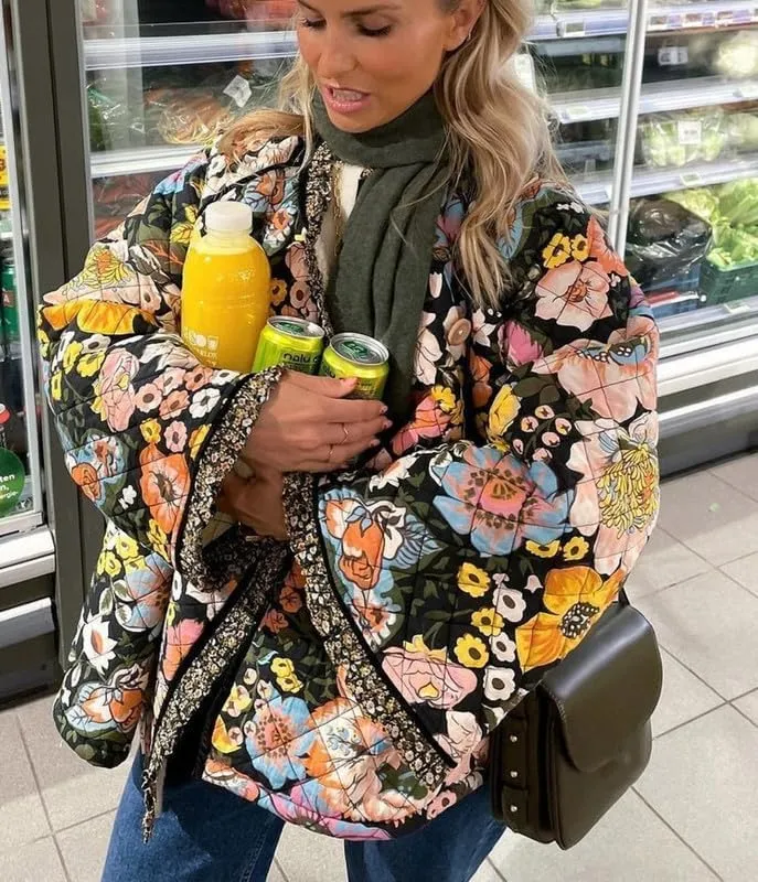 NUFIWI Women Floral Print Cropped Quilted Jacket Cardigan Vintage Open Front Padded Puffler Coat Lightweight Casual Outwear