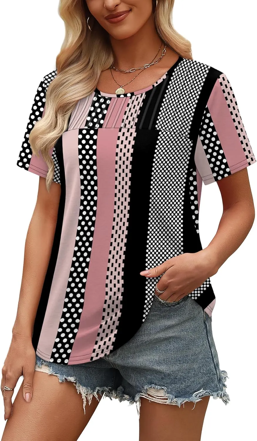 OFEEFAN Women's Clothing Trendy Short Sleeve Summer Tops Dressy Casual Crewneck T Shirts Plus Size Spring Clothes Loose Fit