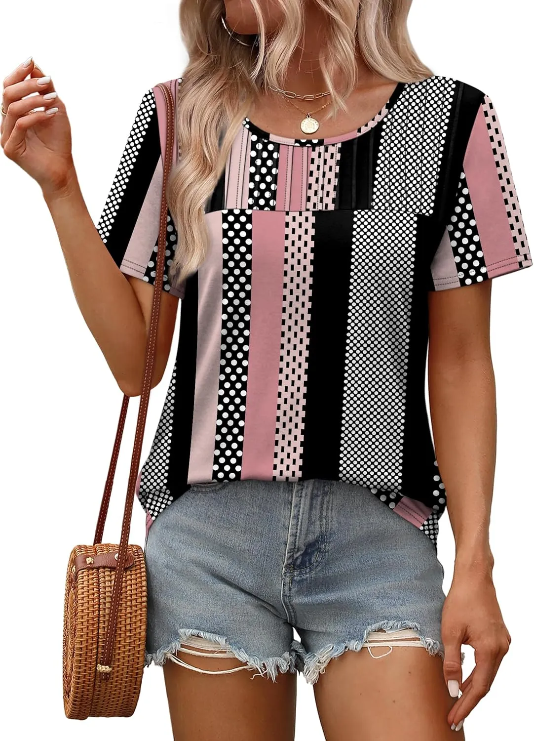 OFEEFAN Women's Clothing Trendy Short Sleeve Summer Tops Dressy Casual Crewneck T Shirts Plus Size Spring Clothes Loose Fit