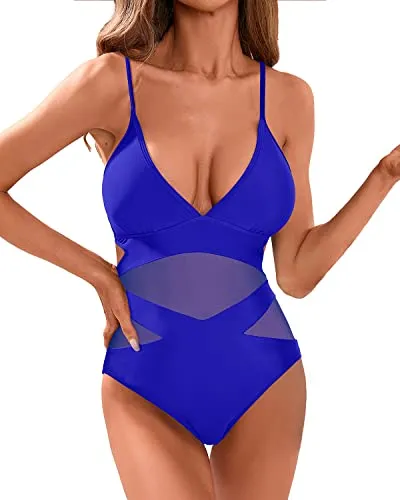 One Piece Sexy Mesh High Waisted Bathing Suits Plunge V Neck Swimwear-Royal Blue