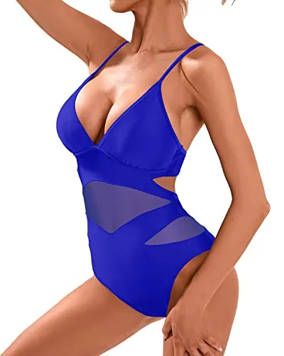 One Piece Sexy Mesh High Waisted Bathing Suits Plunge V Neck Swimwear-Royal Blue