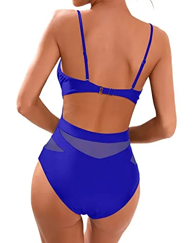 One Piece Sexy Mesh High Waisted Bathing Suits Plunge V Neck Swimwear-Royal Blue